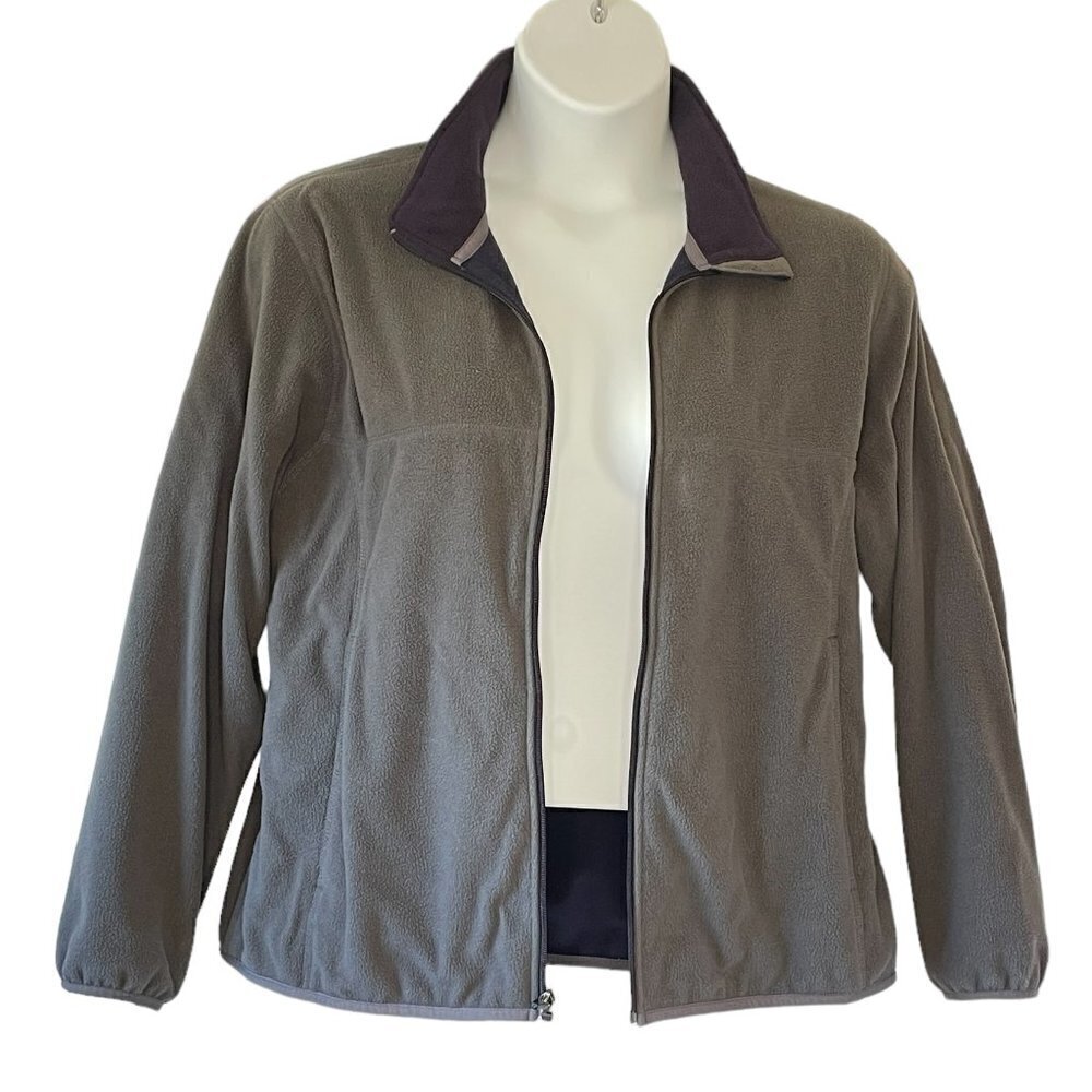 Lands' End Grey Microfleece Women's Windcheck Jacket with Navy Mock Neck 16